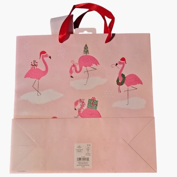 Pink Flamingo Christmas Gift Bag Ribbon Handles Fa La Lamingo Tag - Picture 2 of 6